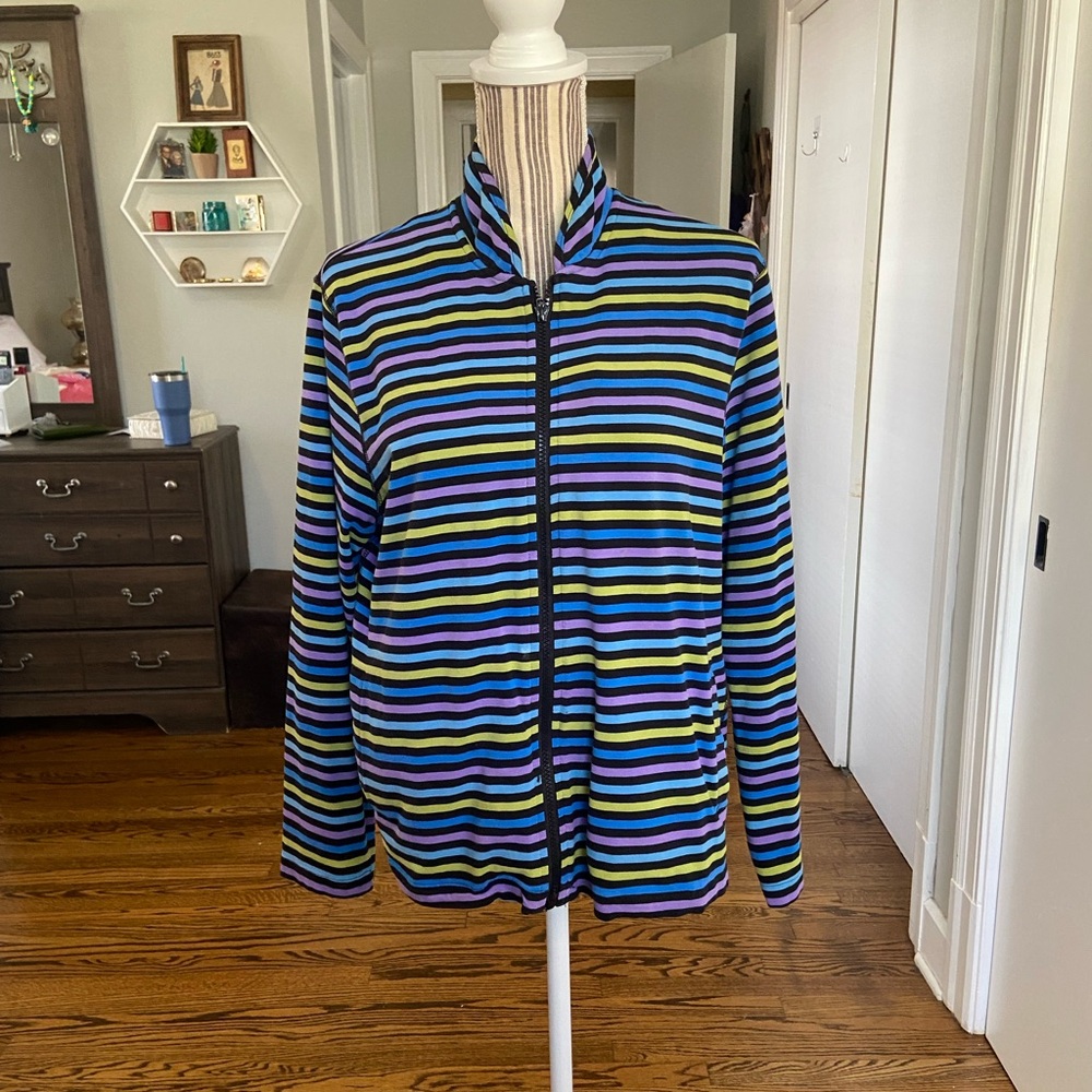 Kim Rogers Striped Zip Front Jacket in Blue, Green, Purple, Black